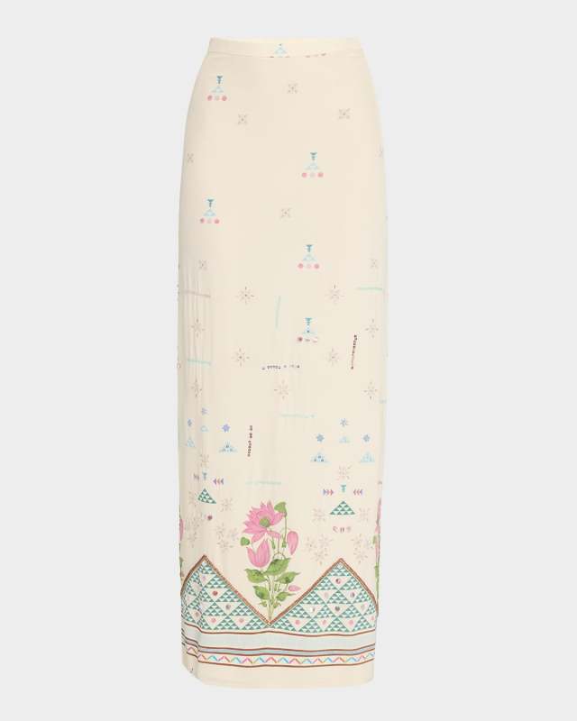 Laurelle Geo Floral-Print Silk Maxi Skirt